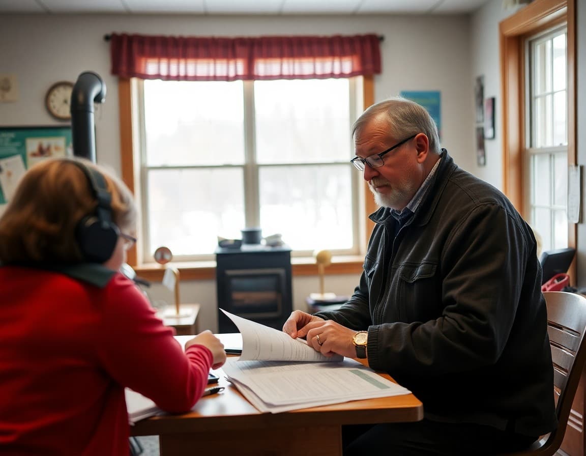 A Maine rural school principal reviewing winter weather communication plans in a school office near a wood stove