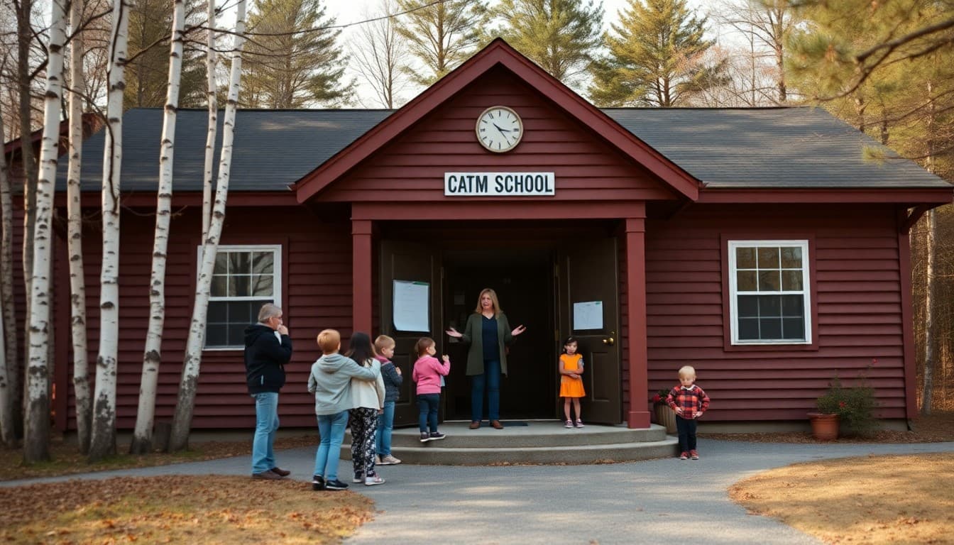 A Maine rural school building surrounded by birch and pine trees with a teacher greeting families at the entrance