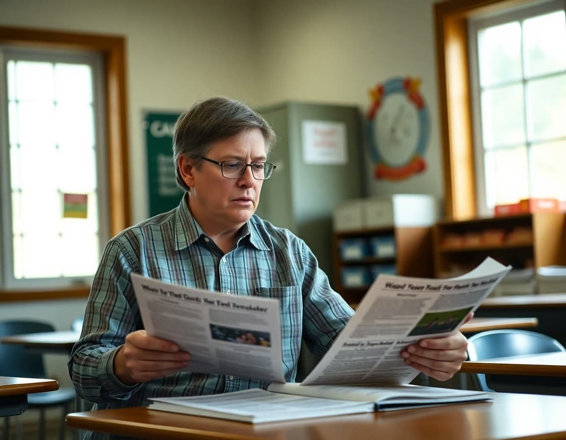 A Michigan rural school principal reviewing bilingual family newsletter materials for migrant farmworker families