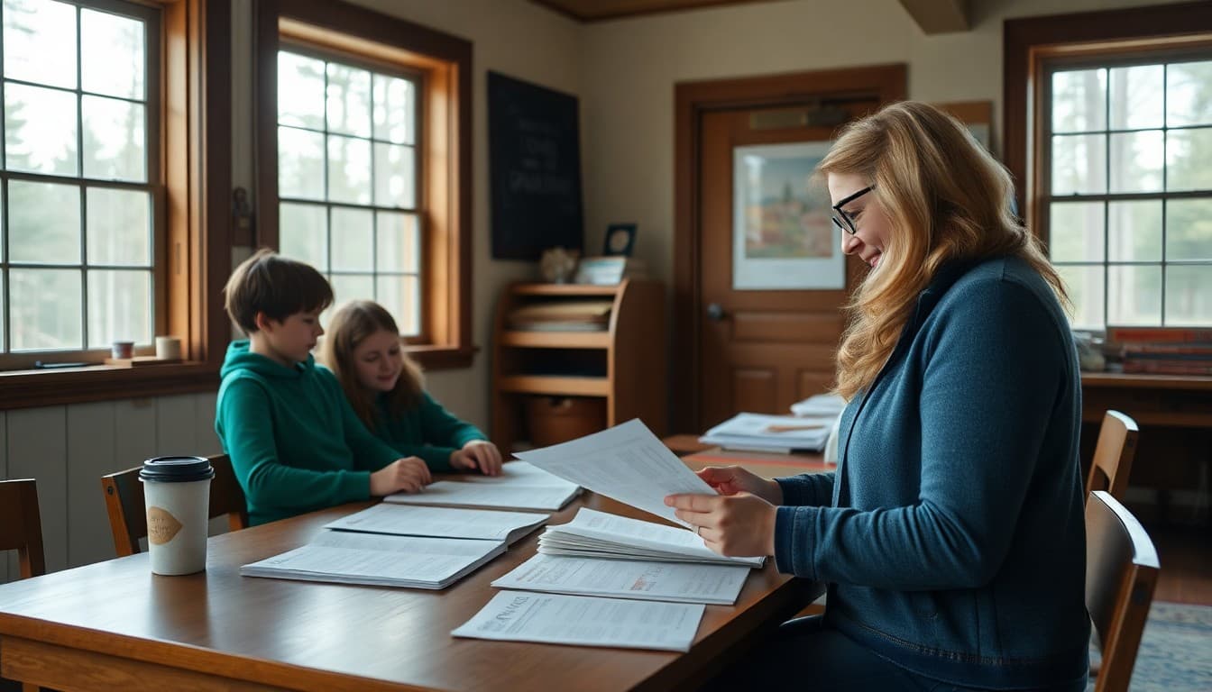 A Michigan Upper Peninsula rural school surrounded by pine forests with a teacher preparing family newsletters