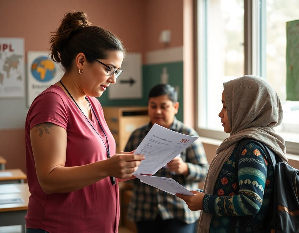 Bilingual school staff member helping a migrant family with enrollment paperwork and school information
