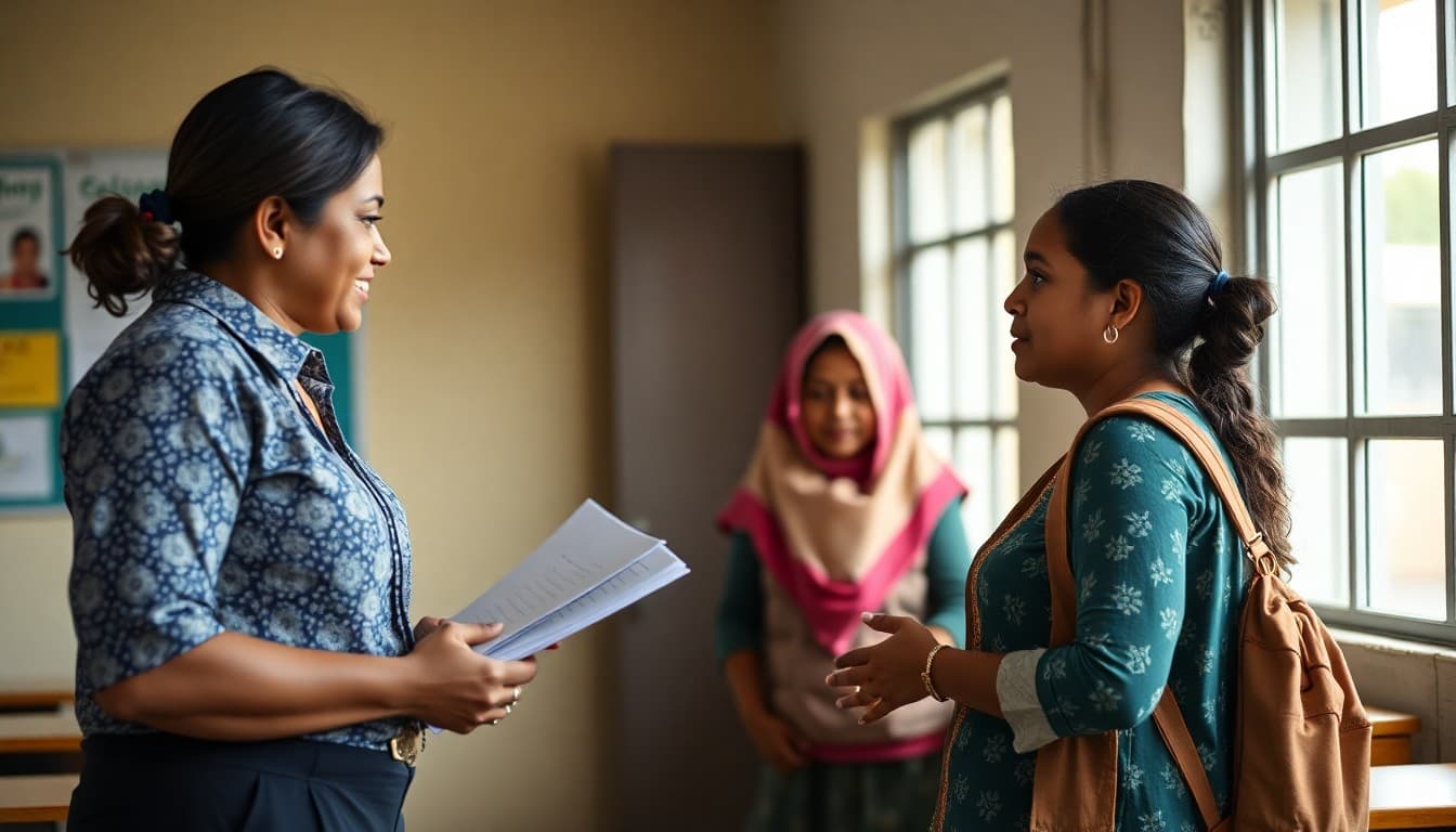 School counselor welcoming a migrant agricultural worker family to enroll their child at school