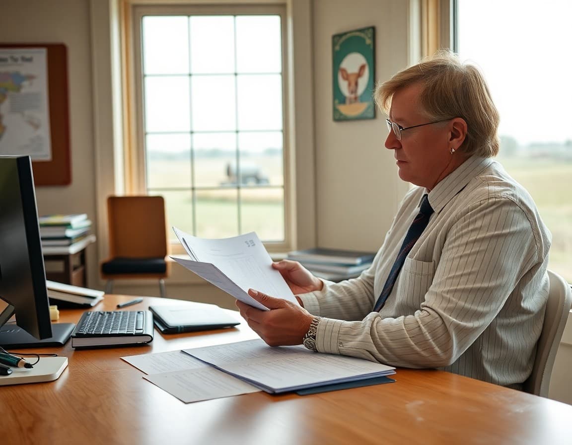 A Minnesota rural school principal reviewing family communication materials at a desk near a window overlooking farmland
