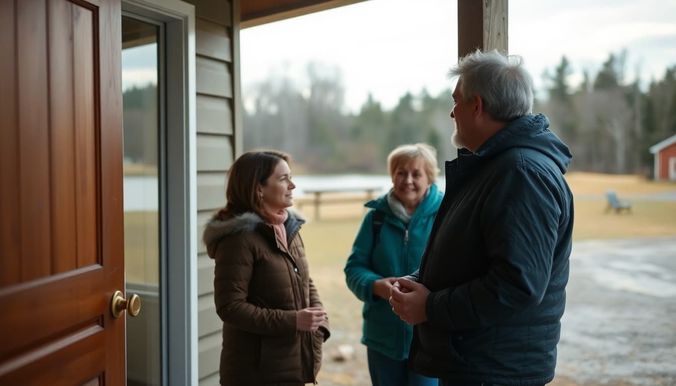 A Minnesota rural school near a lake in the northern woods with a teacher greeting families outside