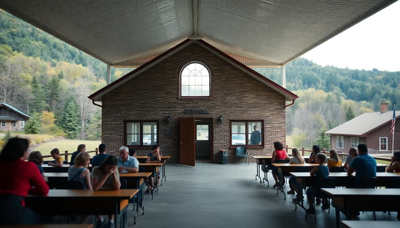 Missouri Ozarks school building in a small town surrounded by forested hills