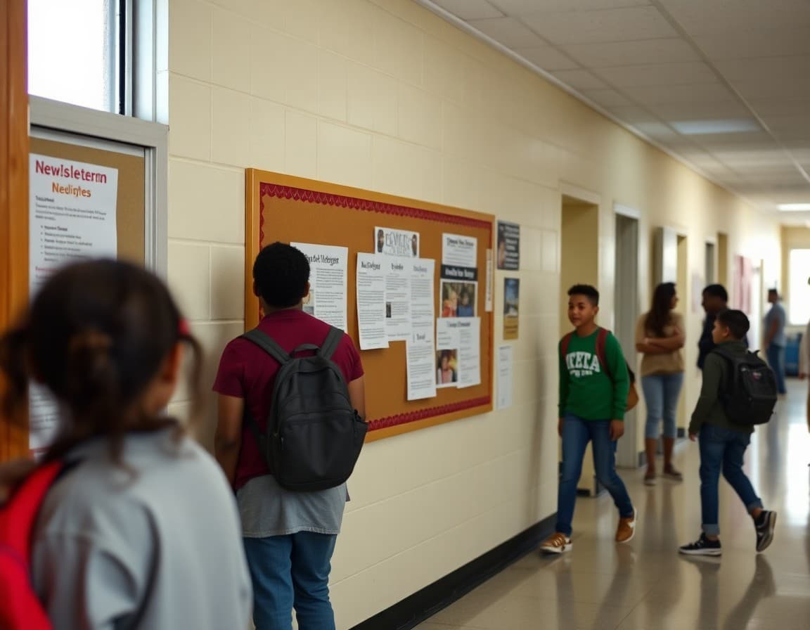 Newsletter on a bulletin board in a Mississippi Delta Title I school hallway