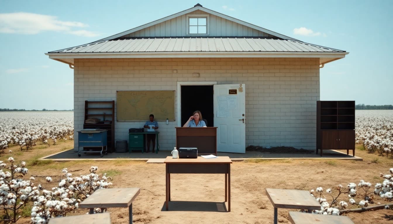 Mississippi Delta school building surrounded by flat cotton fields with a teacher at a desk