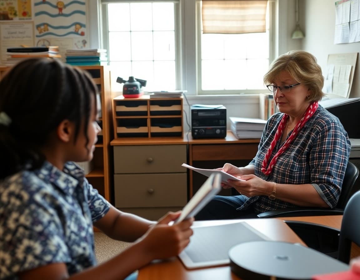 A Mississippi rural school teacher reviewing family communication resources in a modestly equipped school office