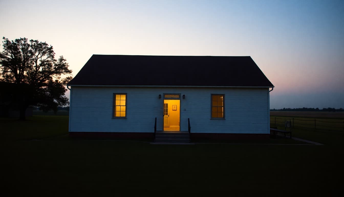 A Mississippi Delta rural school building at dusk with flat farmland in the background