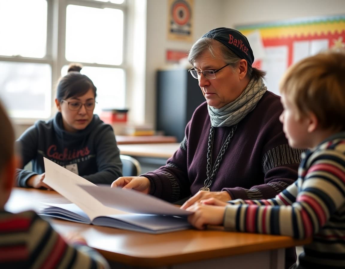 A Montana tribal school principal reviewing family engagement materials for Blackfeet and Crow families