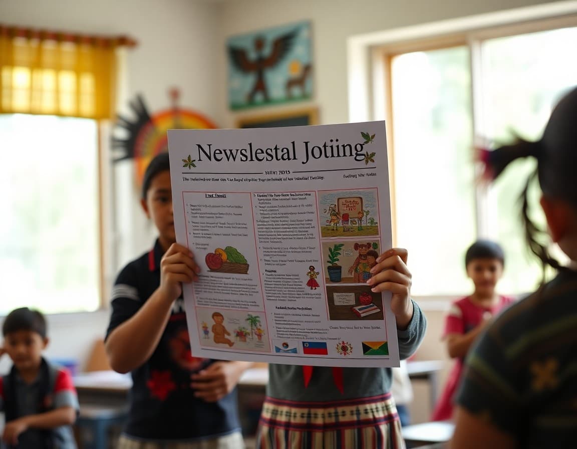 Indigenous community school newsletter displayed with tribal cultural elements and artwork