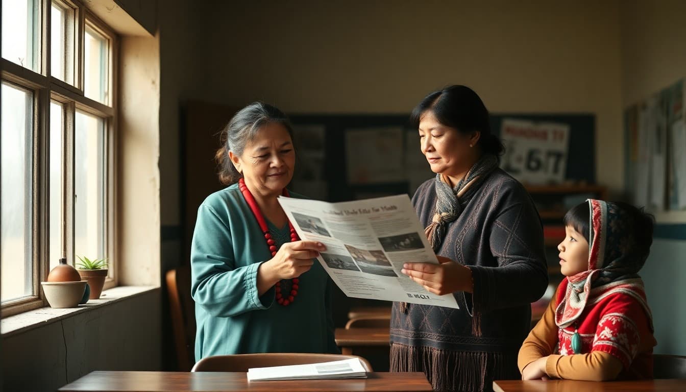 Native American rural school teacher distributing community newsletter to tribal families
