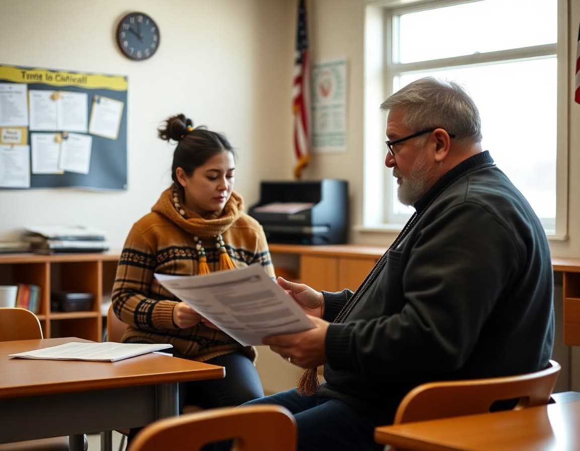 A North Dakota tribal school principal reviewing family communication materials for Standing Rock and Fort Berthold families