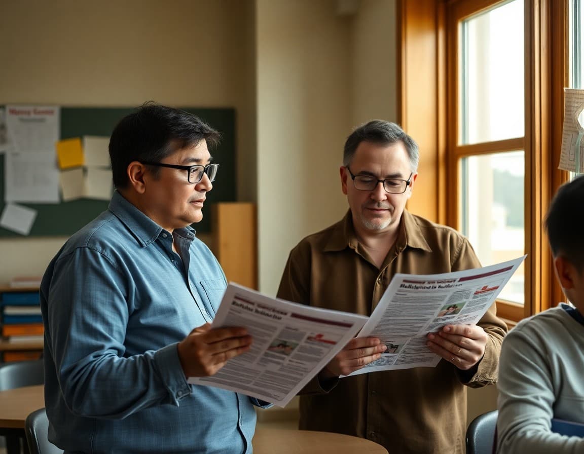 A Nebraska rural school principal reviewing bilingual newsletter materials for Hispanic meatpacking community families