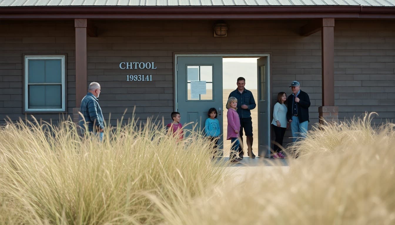 A Nebraska Sandhills rural school surrounded by grass-covered dunes with a teacher greeting families outside