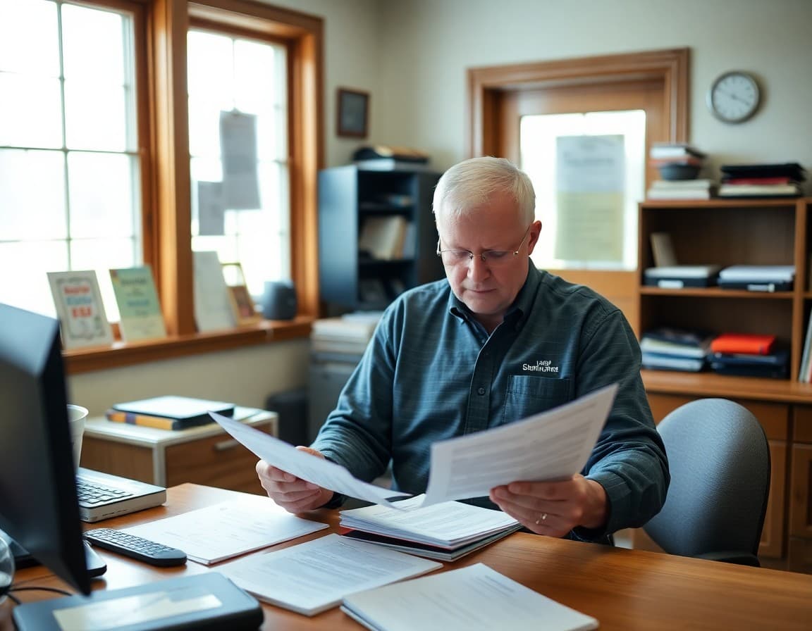 A New Hampshire North Country rural school principal reviewing communication materials in a small school office