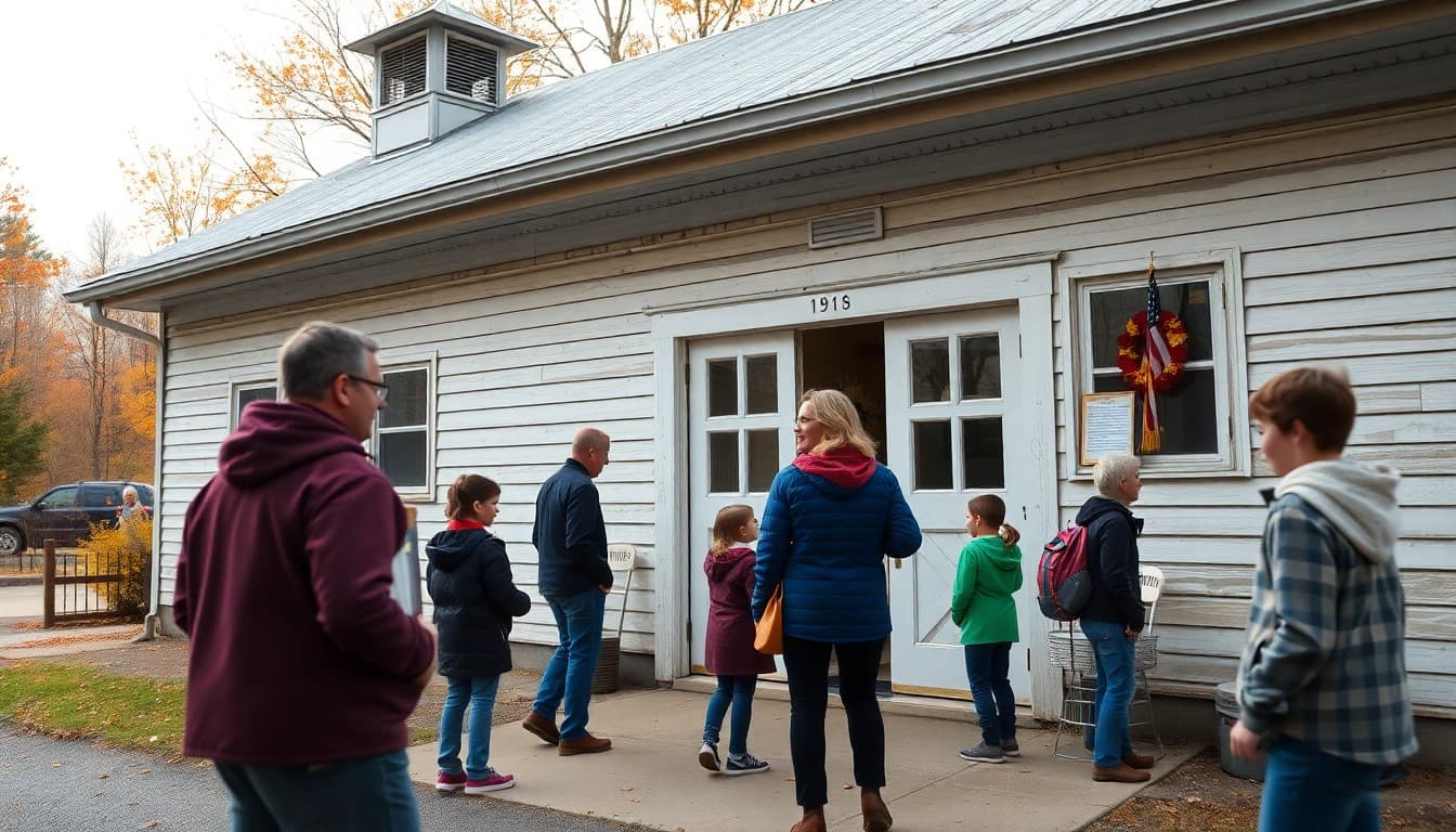 A New Hampshire White Mountains rural school surrounded by fall foliage with a teacher outside greeting families