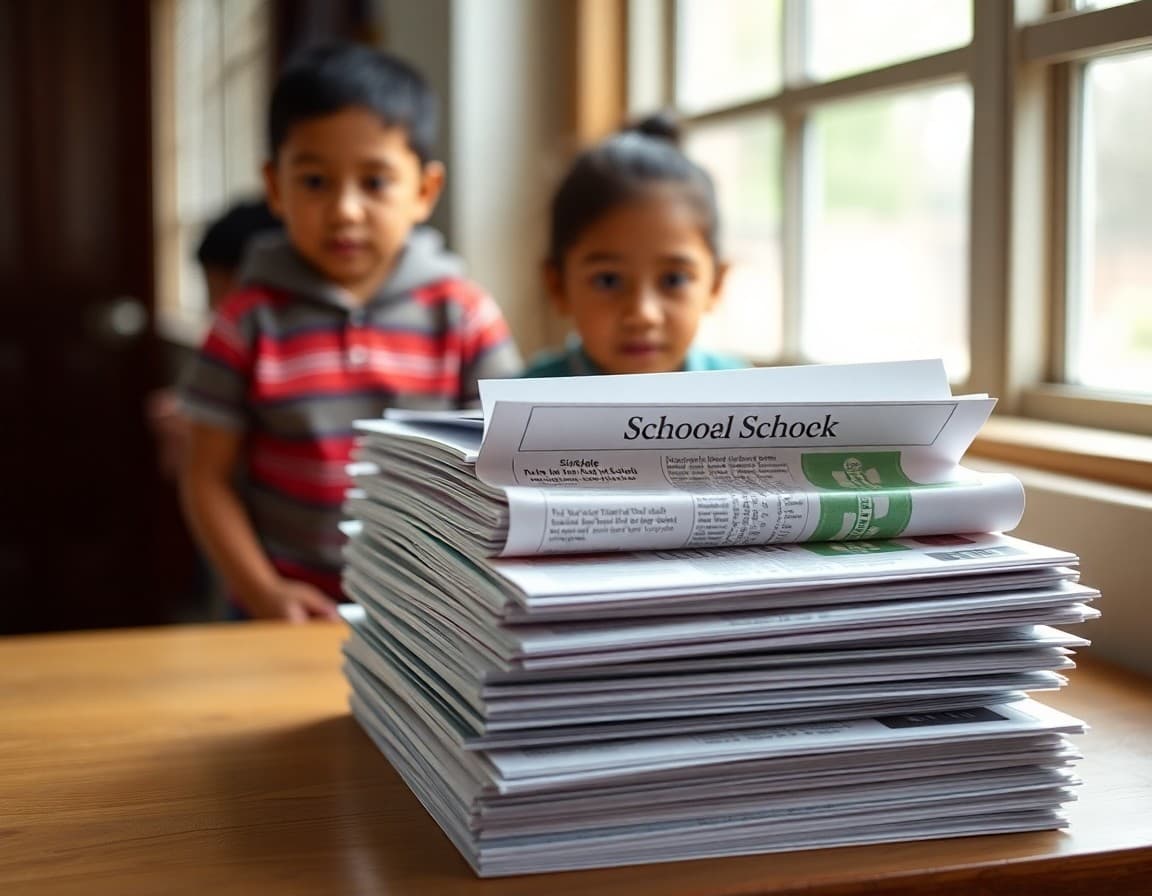 Bilingual school newsletters stacked at a New Jersey rural school serving agricultural worker families