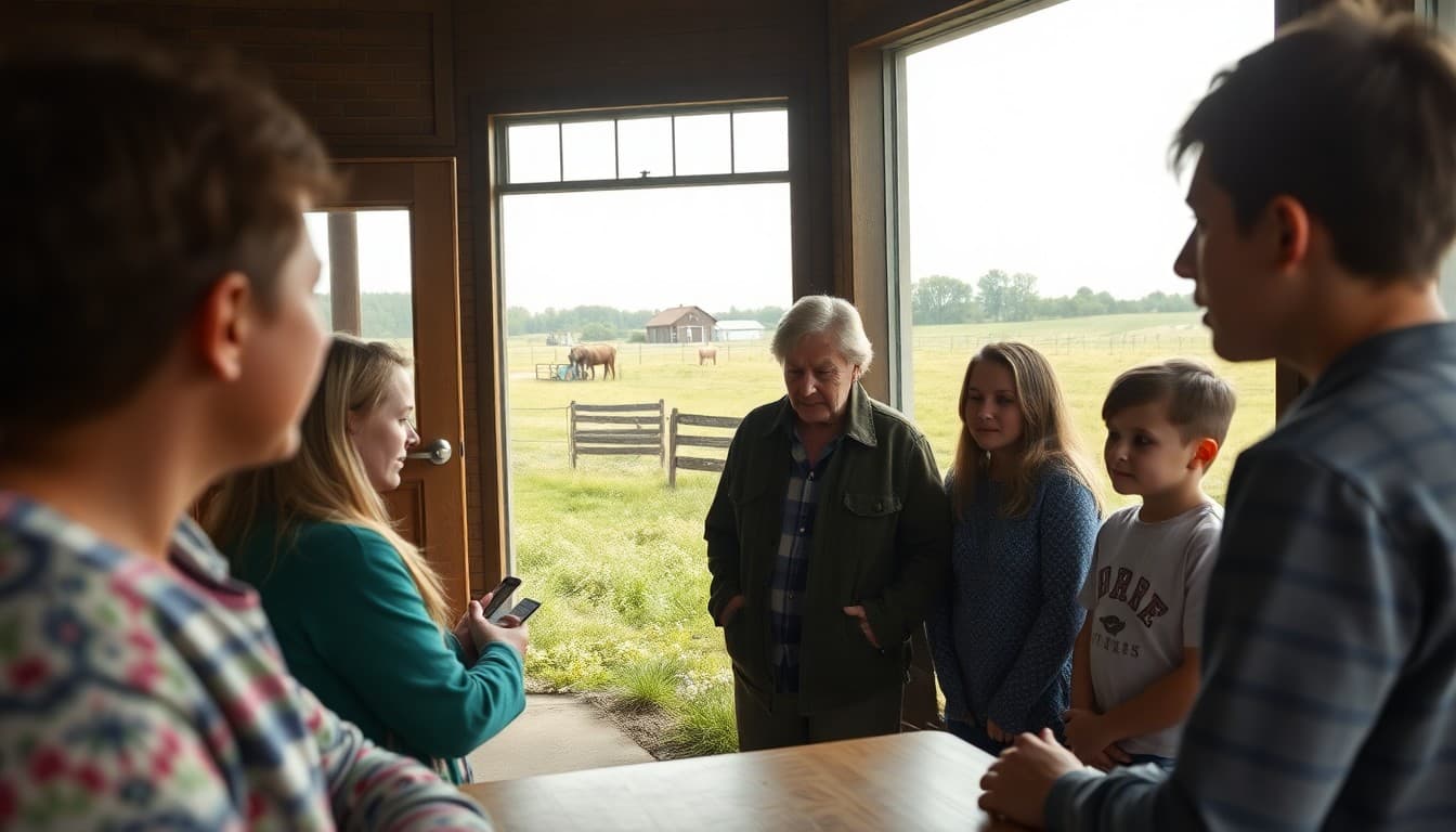 A New Jersey Cumberland County rural school near farmland with a teacher communicating with families outside