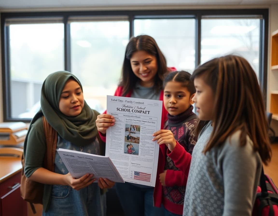 Multilingual Title I family compact and school newsletter at a New Jersey urban school office