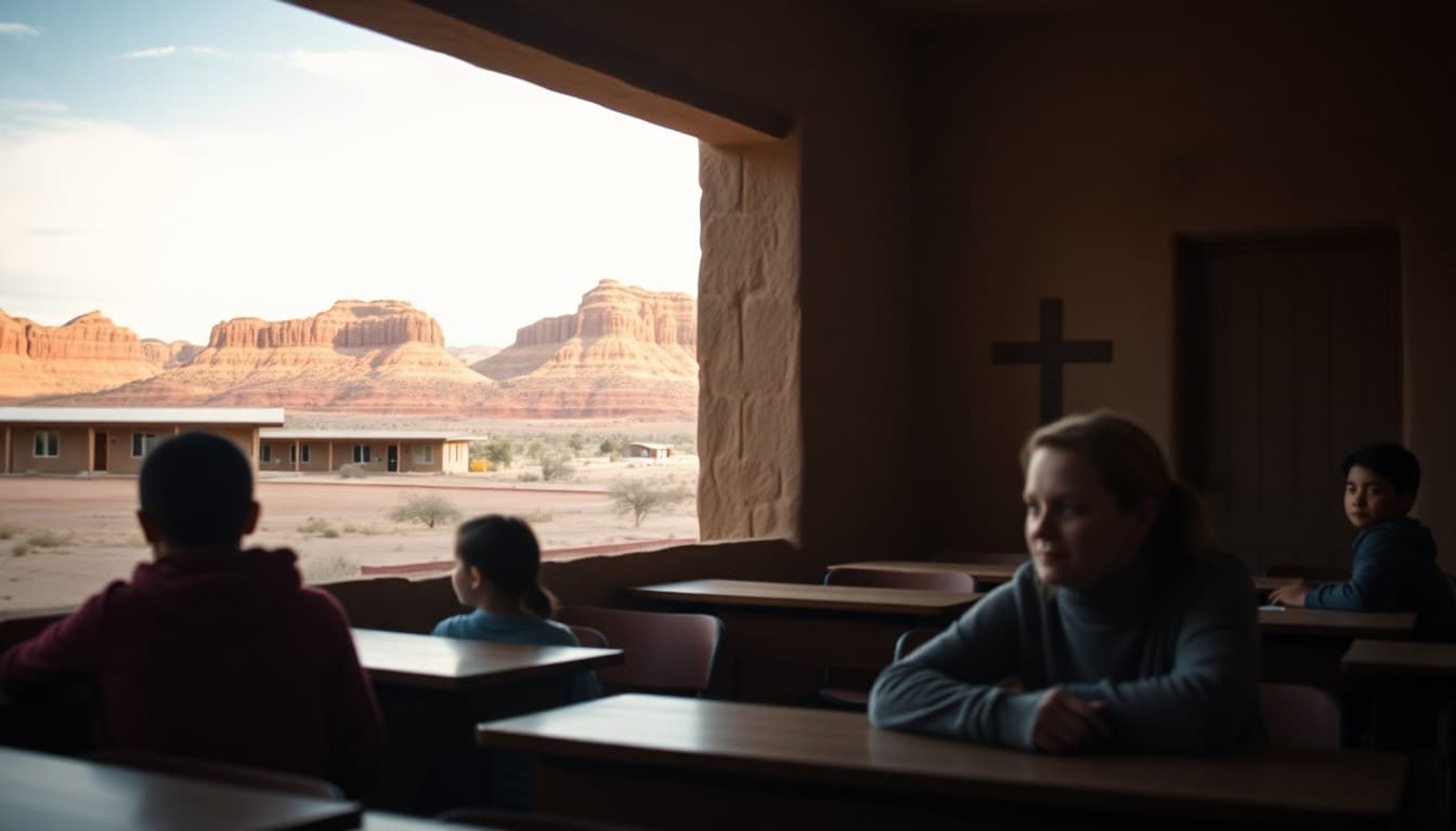 New Mexico rural school building near a Pueblo community with red rock mesas visible in the background