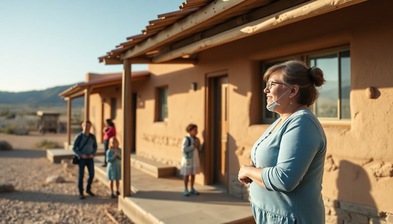 A New Mexico pueblo school surrounded by high desert landscape with a teacher greeting families outside