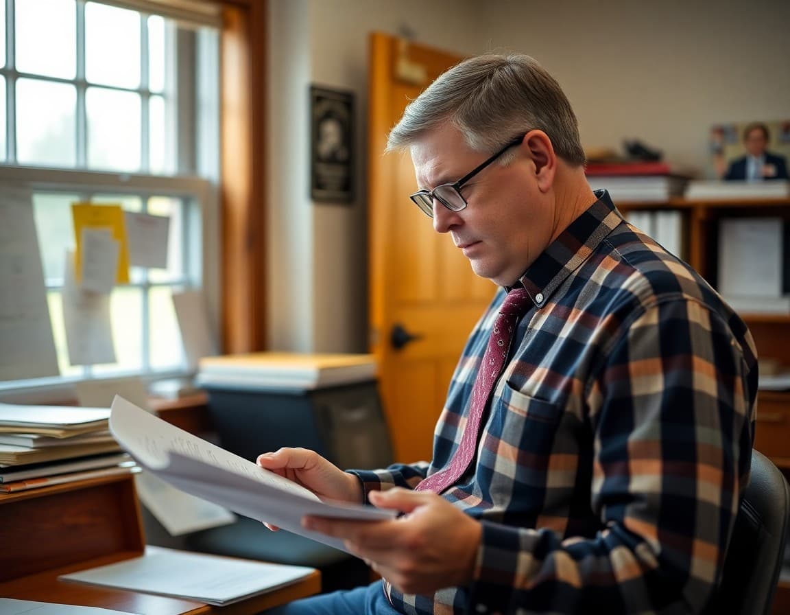 An Ohio rural school principal reviewing family communication materials in a modest school office in southeastern Ohio
