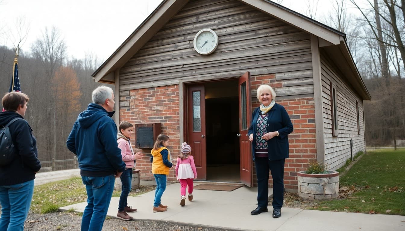 An Ohio Appalachian rural school nestled in a forested hill community with a teacher greeting families outside