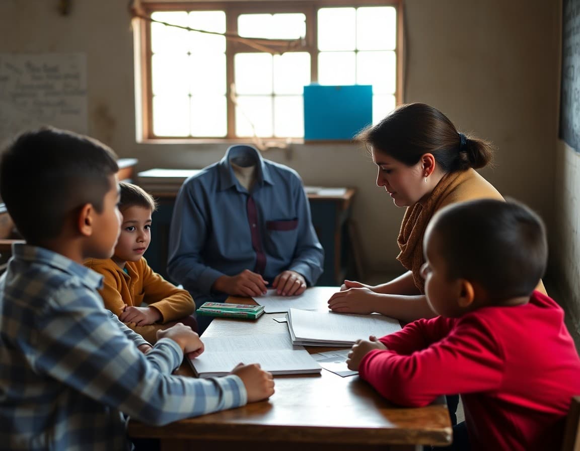 Rural schoolteacher working with students from multiple grade levels in a single classroom setting