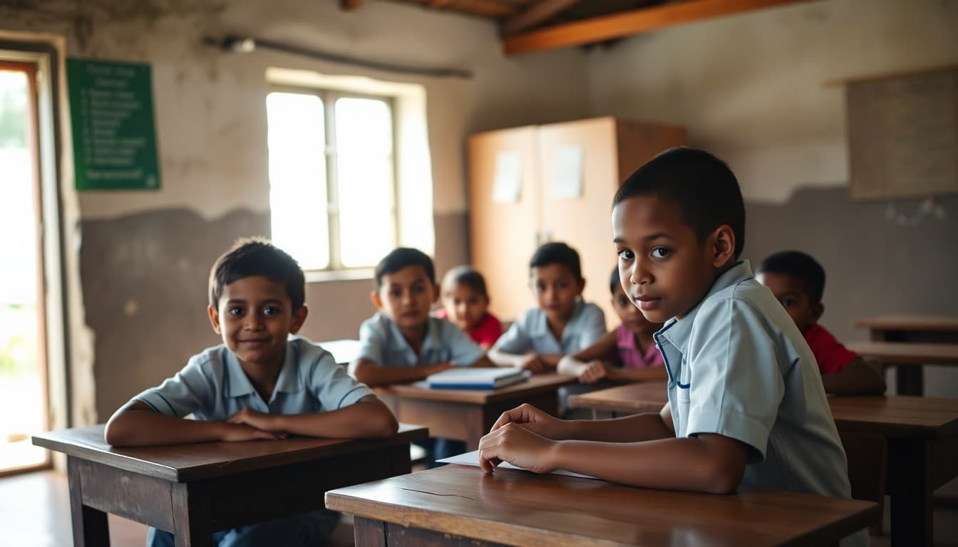 Small rural school with a multi-grade classroom and students of different ages learning together