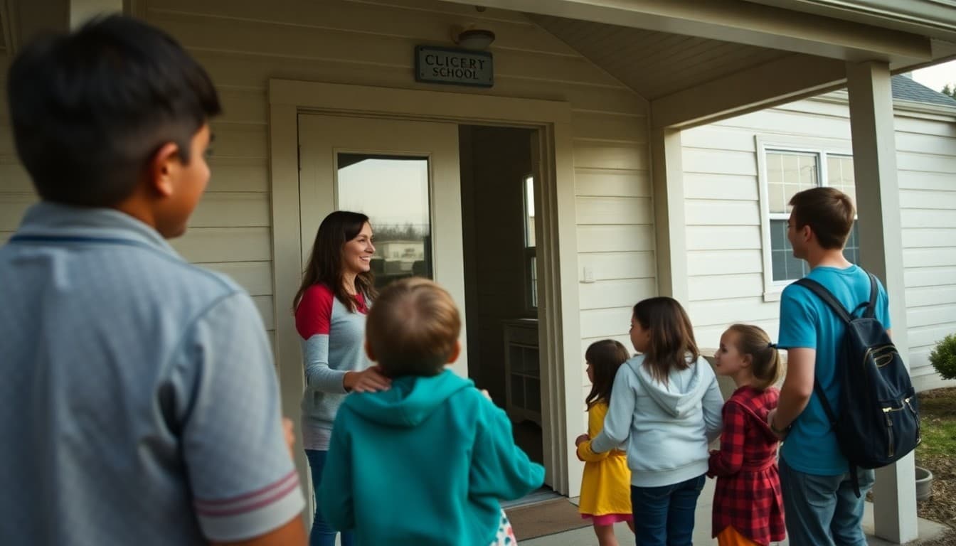 An Oregon rural school near the Cascades with a teacher greeting families outside a modest school building