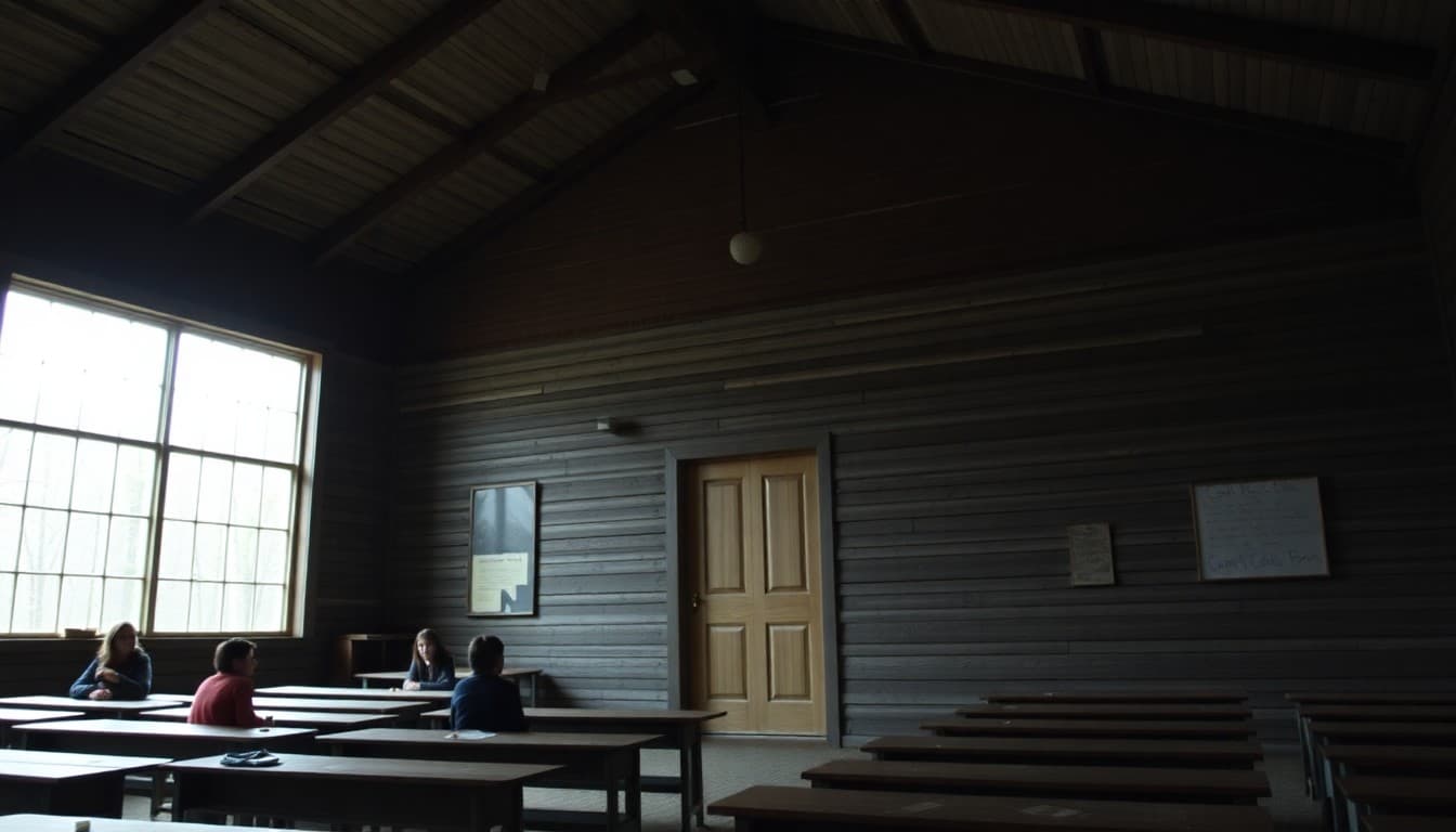 Pennsylvania Appalachian rural school building in a small mountain town surrounded by forest