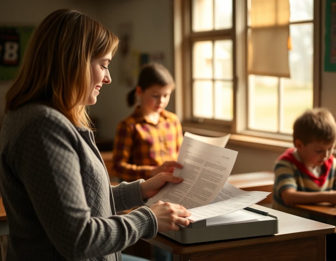 A teacher printing paper newsletters for families without broadband access in a rural school