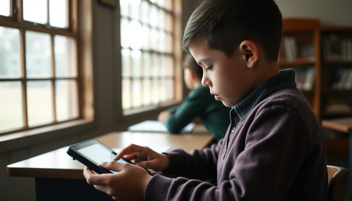 A rural student using a school tablet at a community library to access homework after limited home internet