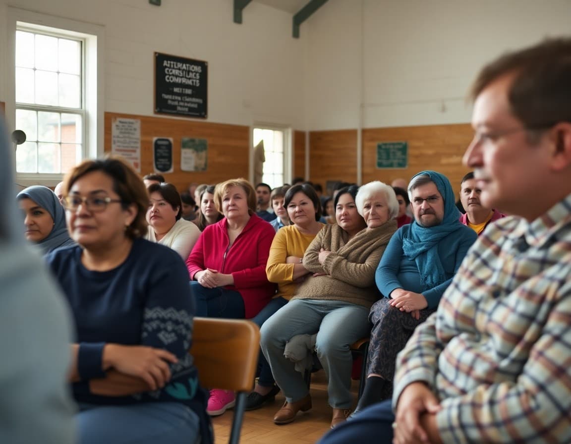 Parents and community members attending a rural school consolidation meeting in a school gymnasium