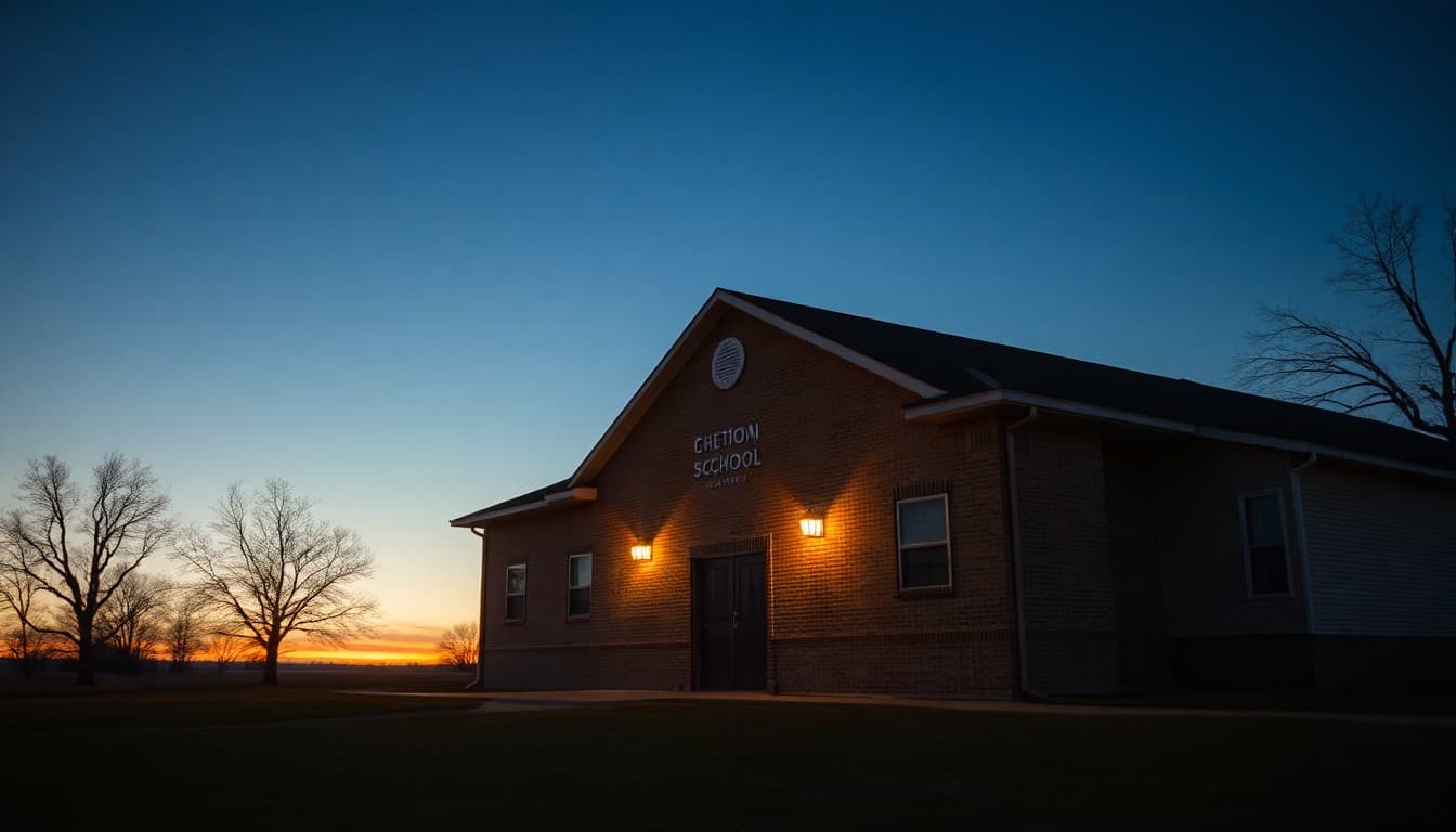 A rural school building at sunset, representing a community facing the question of school consolidation