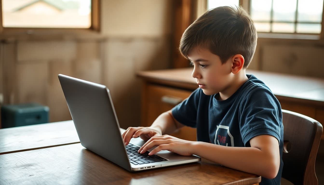 Rural student attending online class from farmhouse with laptop and slow internet connection