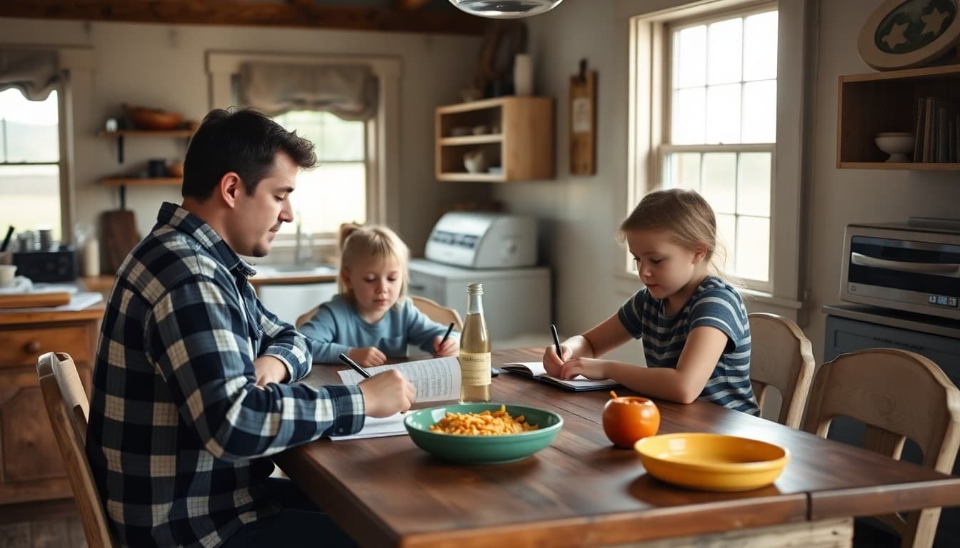 Rural homeschool family learning together at kitchen table on working farm property