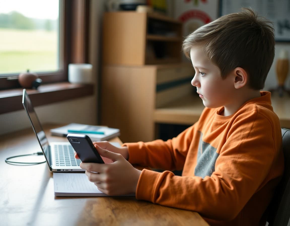 Student using a school-issued hotspot device to complete homework assignments from a rural home