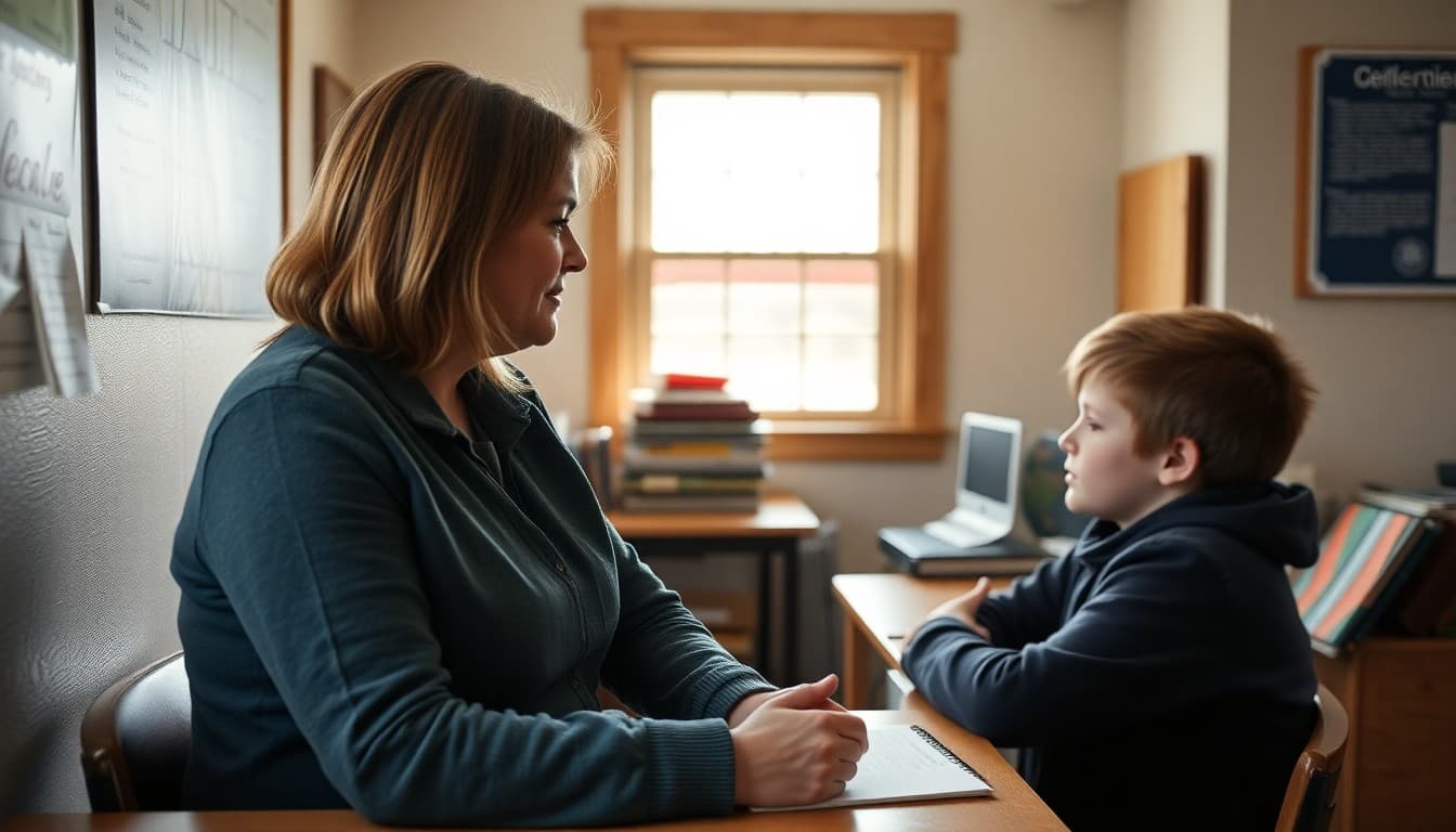 Rural school counselor meeting with student in small private office at country school