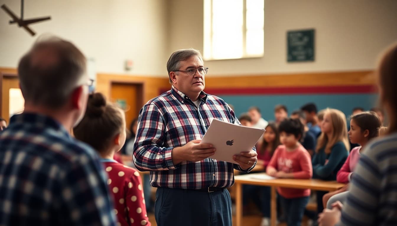 Rural school administrator sharing annual report with community families in a school gymnasium