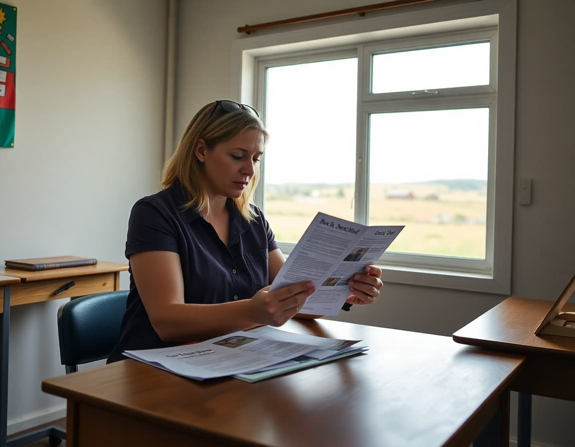 Rural school teacher reviewing back to school newsletter at a desk near a window with countryside view