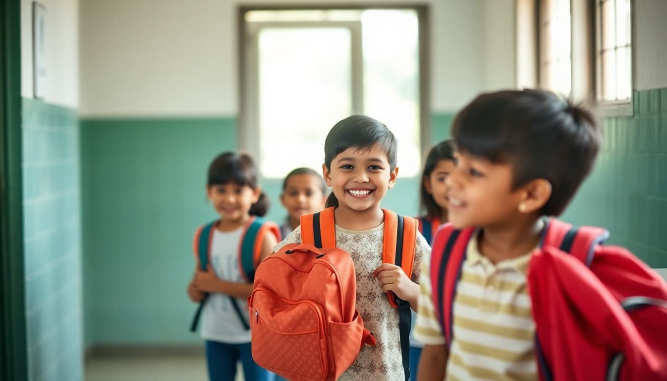 Rural school students arriving with backpacks on the first excited day of school