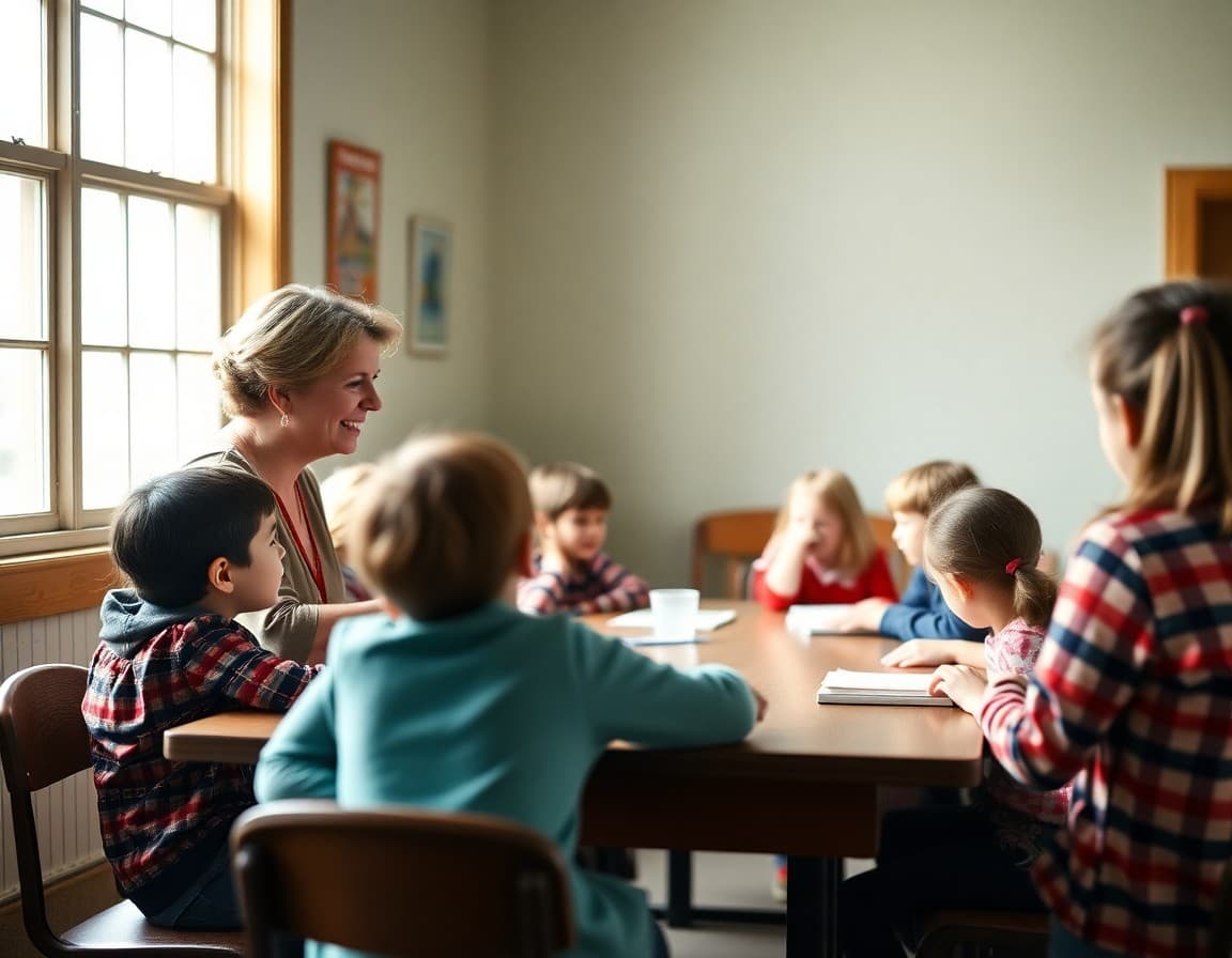 Teacher greeting rural families at a table during an open house event at a small school