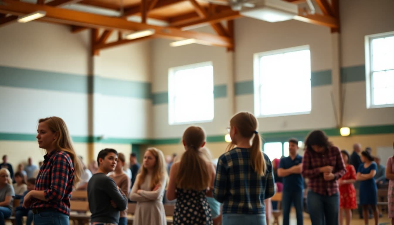 Rural school families attending an open house evening event in a school gymnasium