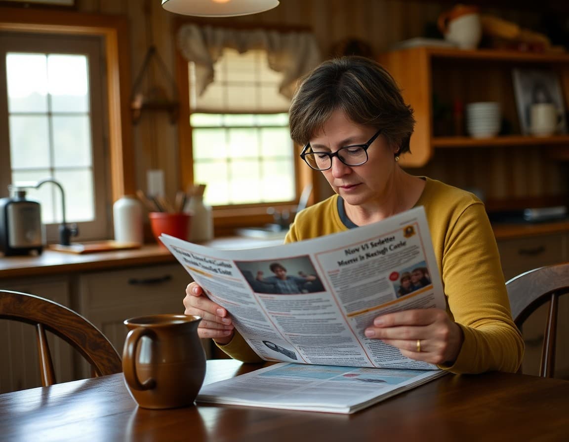 Parent reading a rural school newsletter at a kitchen table in a farmhouse setting