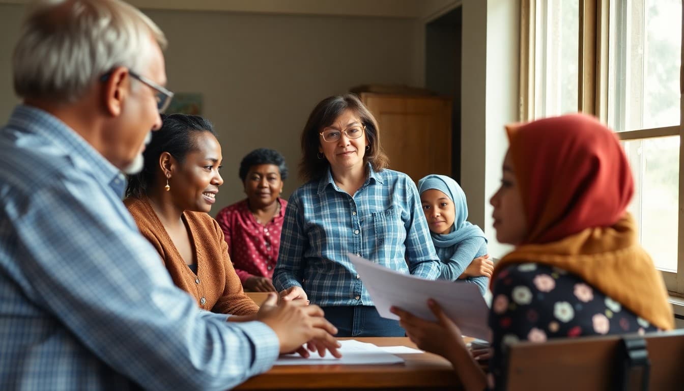 Rural school teacher engaging diverse parents in a community newsletter meeting
