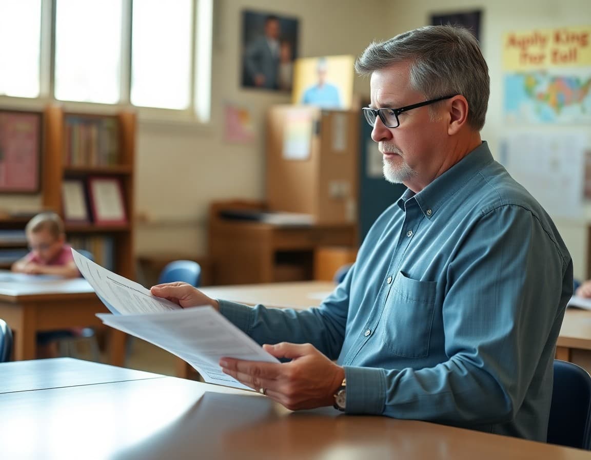 A South Carolina Lowcountry school principal reviewing family communication materials in a coastal rural school