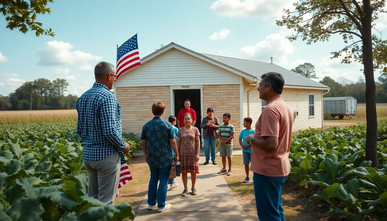 A South Carolina Pee Dee rural school surrounded by tobacco fields with a teacher greeting families outside