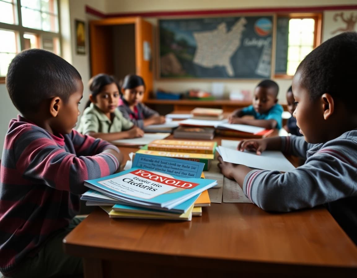 Colorful Scholastic book club order forms spread on classroom desk for rural students